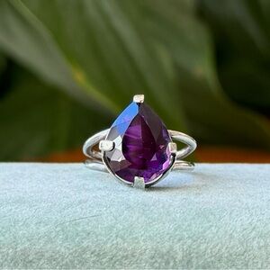 Vintage Estate Pear Cut Amethyst Sterling Silver Ring Midcentury Style Size 5